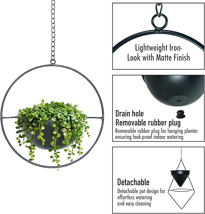 Metal Hanging Planters Set of 2 Modern Indoor Plant Hanger with Round and Diamond Pots, Geometric Small Wall and Ceiling Hanging Plant Holders for Succulents and Herbs, Black Finish