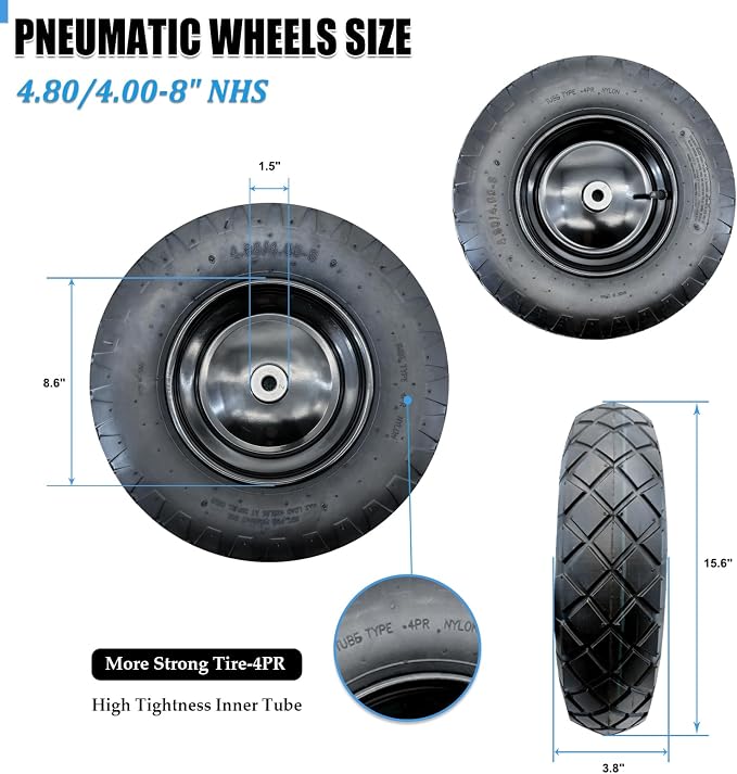 2-Pack of 4.80/4.00-8"Wheels,16" Pnuematic Tires,Steel Rim and 5/8"or 3/4" Axle Bore Hole,3-6" Centered Hub for Wheelbarrows,Garden Carts,Dump Cart,Utility Wagon and More，All Purpose Utility Tire