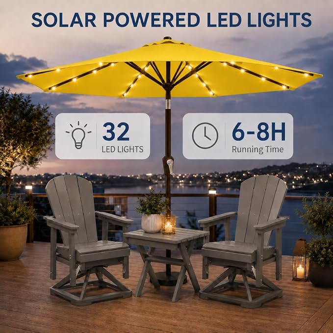 10FT Solar Patio Umbrella with Lights, Outdoor Table Market Umbrella with 32 LED Lights, 8 Sturdy Ribs, Push Button Tilt and Crank for Pool, Deck and Garden, UV-Resistant