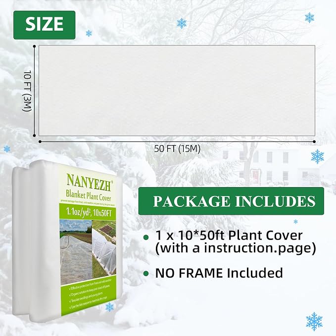 NANYEZH Plant Covers Freeze Protection, 10 ft x 50 ft Floating Row Cover, 1.1oz/yd² Garden Fabric Frost Cloth Blankets for Outdoor Plant Winter Protection