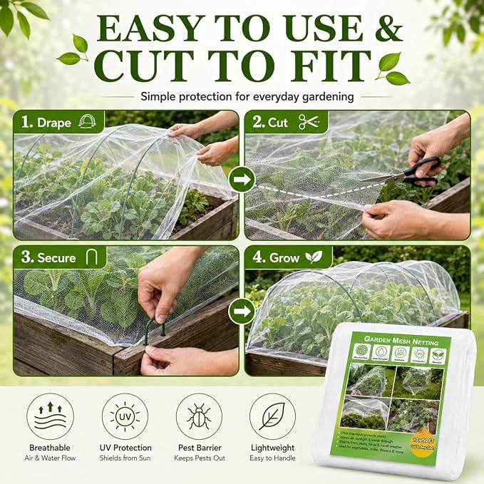 HOOPLE Garden Netting 10 FT x 50 FT, Ultra-Fine Mesh Plant Cover, Bug Netting for Garden, Insect Pest Barrier Row Cover for Vegetables, Fruits & Raised Beds, Lightweight Breathable Garden Mesh Netting