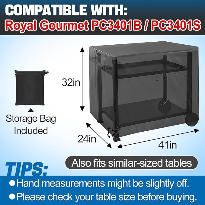 PAMASE Outdoor Dining Grill Cart Cover - 41"L*24"W*32"H, Compatible with Royal Gourmet Worktable PC3401B PC3401S Food Prep Table, Heavy Duty Waterproof BBQ Serving Worktable Metal Movable Station