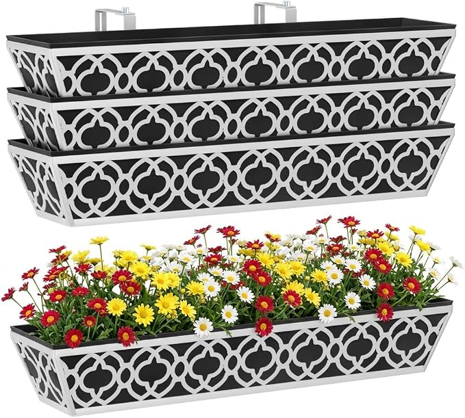 Y&M 30'' Hanging Railing Planter Box Set with Black Non-Woven Fabric Liner, 4 Pcs Large Metal Flower Boxes with Adjustable Brackets for Balcony, Deck, Fence, and Garden - Gray