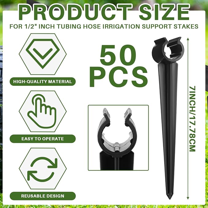 50 Pcs Irrigation Drip Support Stakes 1/2 Inch Tubing Hose Holder, Pipe Universal Drip Lines Tubing Hose for Gardening Patio Lawn Irrigation Growing