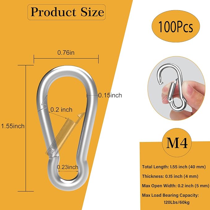 Heavy-Duty Carabiner Clip 1.57"–5.5", Black/Silver Spring Snap Hook, Quick Link Keychain Clip for Keys, Swing Set, Camping, Fishing, Hiking & Traveling (120–1350 lbs)