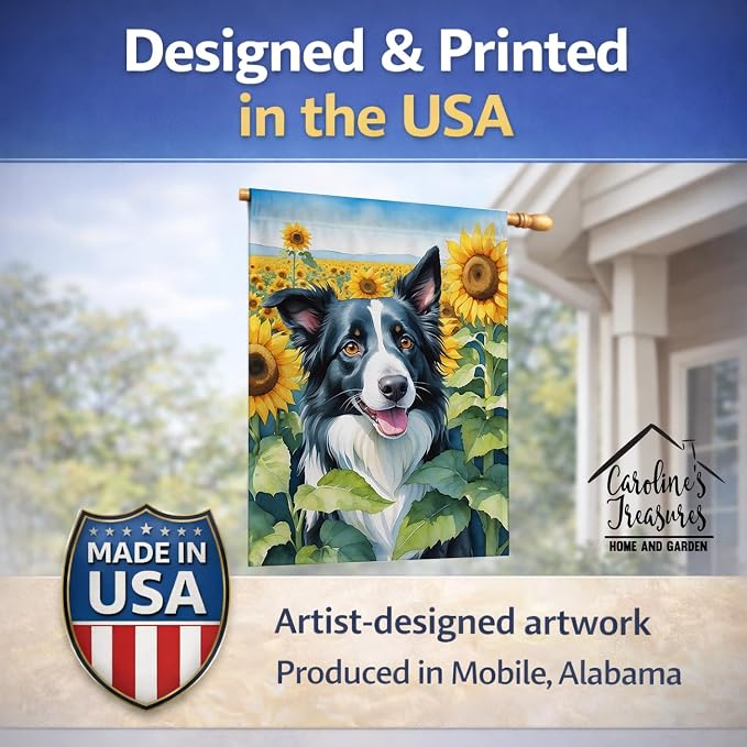Caroline's Treasures DAC6031CHF Border Collie in Sunflowers House Flag Large Porch Sleeve Pole Decorative Outside Yard Banner Artwork Wall Hanging, Polyester, House Size, Multicolor