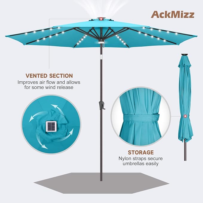 10ft Solar Umbrella Outdoor - Lighted Solar Patio Umbrella with 40 LED Lights Waterproof UV Protection, Table Umbrella with Tilt for Pool, Porch, Garden, Deck, Backyard (Aqua Blue)