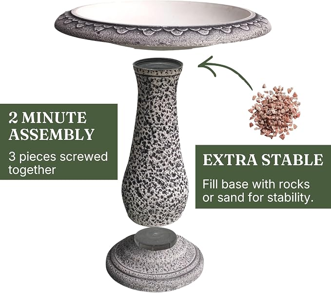 Bird Bath for Outside 23 Inch Speckled White - Stone-Resin Composite Pedestal Birdbath Bowl - Decorative Standing Outdoor Garden Decor for Front Porch Patio Yard Backyard Lawn Ornament
