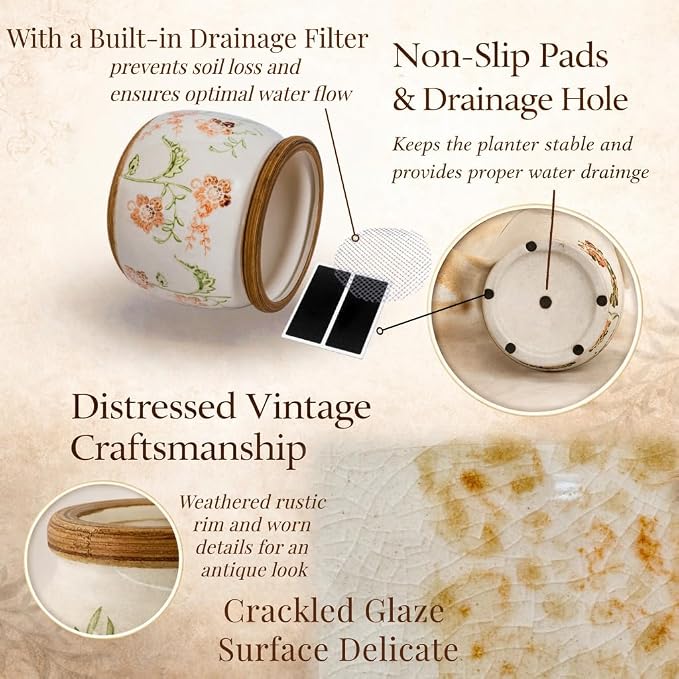Vintage Ceramic Flower Pots - Indoor Outdoor Planters with Drainage Holes & Filter Screen, 6.5’’& 9’’ Rustic Farmhouse Decorative Plant Pots for Garden/Patio