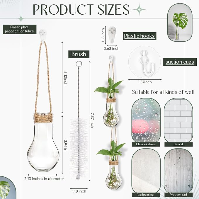 Baderke 18 Sets 3.94" Plastic Window Propagation Stations Hanging Propagation Vases Plant Test Tubes with Suction Cup & Traceless Nail & Brush Clear Wall Jars for Office Home Garden Decor Lover Gift