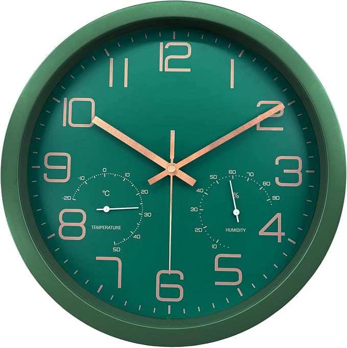 12 Inch Silent Non-Ticking Wall Clock with Temperature and Humidity, Battery Operated Modern Analog Clock with Large Numbers for Bedroom Living Room Office Kitchen Farmhouse Outdoor, Green