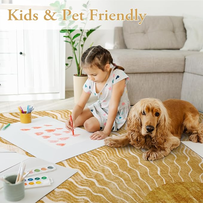 Hedlive Boho 8x10 Area Rugs, Sun Print Soft Washable Rugs 8x10 Rug for Living Room Nursery, Ultra-Thin Non-Slip Kids Rug Large Carpet for Playroom Bedroom Classroom(8x10ft,Gold/Multi)