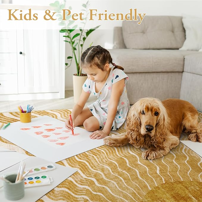 Hedlive Boho Washable Rugs 5x7, Sun Print Soft Nursery Rug for Bedroom Classroom, Ultra-Thin Non Slip Stain Resistant Kids Carpet for Living Room Office(5'x 7',Gold/Multi)