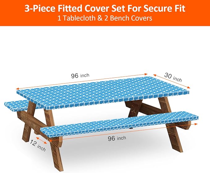 8ft Picnic Table and Bench Cover, Camping Essentials RV Gear, 96 in Waterproof Windproof Outdoor Elastic All Around Tablecloth, Fitted Rectangle Tables and Seats, Blue-White Moroccan