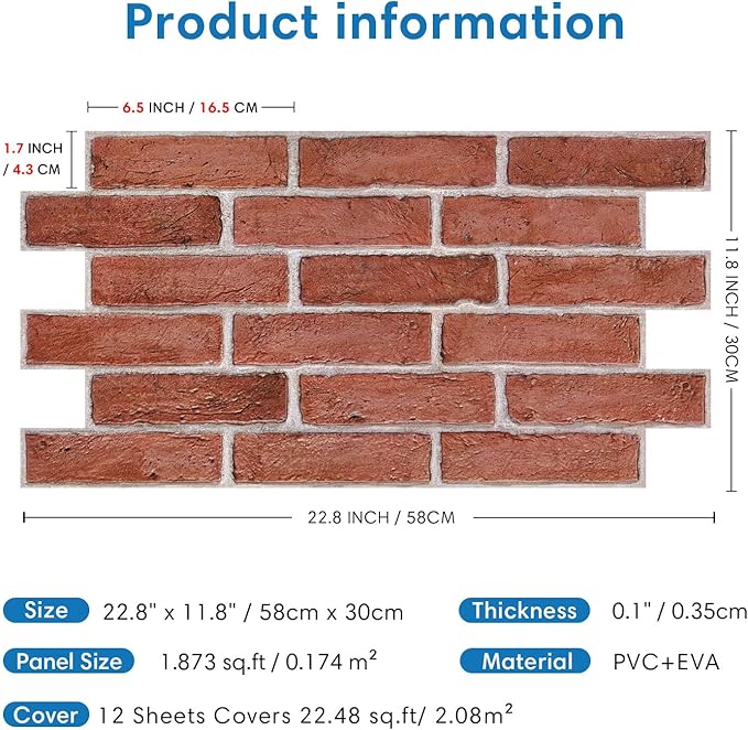 COMSTICKC 3D Faux Brick Wall Panel Peel and Stick, 3D Brick Wall Stickers, 12 pcs of 22.8" x 11.8", Not Real Brick, UrltraLight PVC Adhesive Fake Brick Backsplash Wall Covering Interior, 22.48 sq.ft