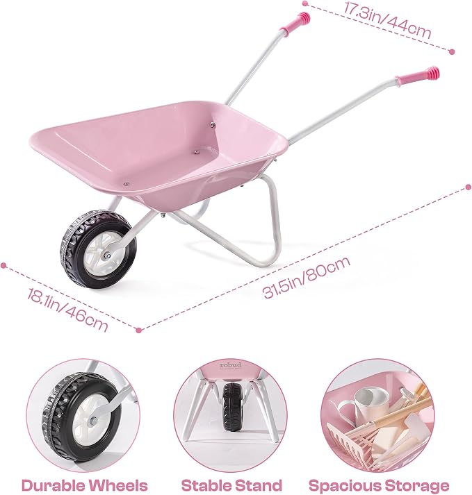 ROBUD Kids Wheelbarrow with Gardening Tools Set-9pcs Metal Toddler Wheelbarrow, Garden Tools, Watering Can, Plant Labels– Child Outdoor Toy for Ages 3+, Christmas Birthday Gifts for Boys Girls(Pink)