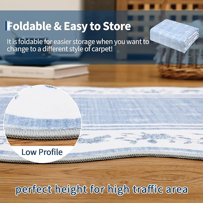Garvee Washable Rugs for Living Room 8x10 Area Rugs Scalloped Rug Blue | Modern Bordered Non Slip Large Kids Bedroom Carpet Indoor Stain Resistant Floor Cover for Bedroom Dining Room Office Nursery