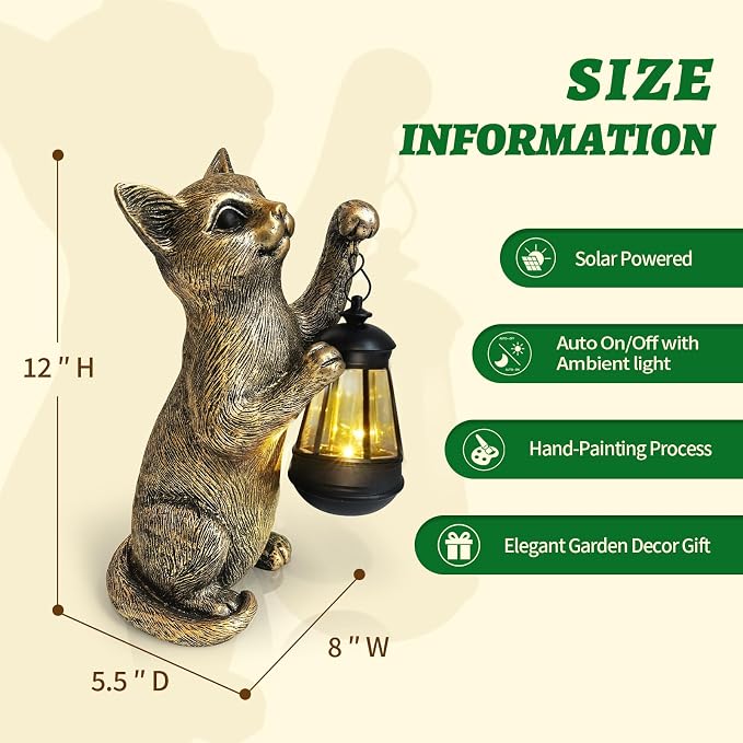 HONGLAND Cat Outdoor Statues Garden Decor, Cat Figurines Solar Lantern Lights, Birthday Gifts for Mom, Front Patio Balcony Yard Art Lawn Ornaments Porch Outdoor Decorations