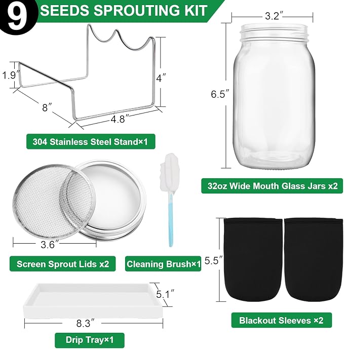 Sprouting Jar Kit, 32 OZ 2 Large Wide Mouth Mason Jars with Sprout Lids, Premium Canning Lids, Blackout Sleeves, Tray ,Stand & Canning Brush - Sprouting Kit for Growing Broccoli, Mung Bean, Alfalfa