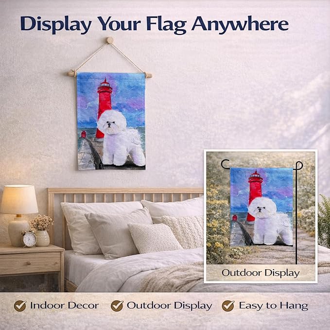Caroline's Treasures SS8891GF Lighthouse with Bichon Frise Garden Flag Mailbox Flag Decorative Yard Flag Banner Outside Patio Artwork Yard Flower Beds, Garden Size, Multicolor