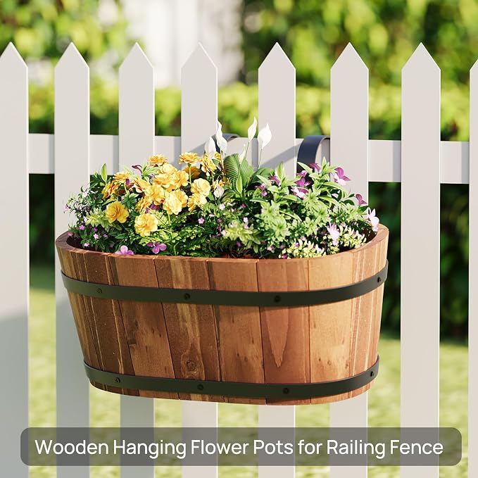 2PACK Wooden Cute Hanging Flower Pots for Railing Fence Outdoor Planter Railing Planter Boxes for Plants Wall Planters Window Flower Box Hanging Bucket Pots Countryside plant Holder (Brown,2pcs,Large)
