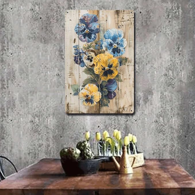 Metal Sign Tin Sign Vintage Wall Art Shabby Chic Pansies Tin Sign for Rustic Color Blends Antique Garden Charm and Distressed Wood Pan Vintage Decor for Room 12×16 Inches