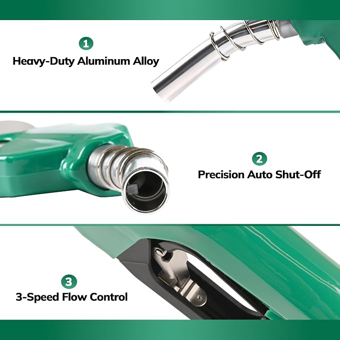 1" NPT Automatic Fuel Nozzle with Hose Swivel, Auto Shut-Off Gas Pump Nozzle, Max 30 GPM Flow, 3-Speed Padlock, 1-3/16” Spout, for Diesel, Gasoline, Kerosene, Biodiesel (Green)