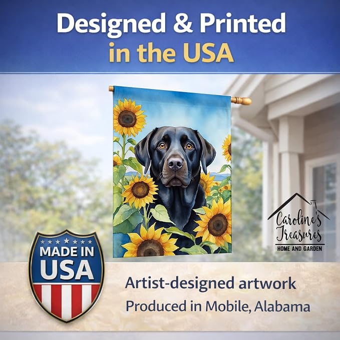 Caroline's Treasures DAC6109CHF Labrador Retriever in Sunflowers House Flag Large Porch Sleeve Pole Decorative Outside Yard Banner Artwork Wall Hanging, Polyester, House Size, Multicolor