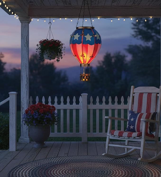 Regal Art & Gift Hot Air Balloon Solar Lantern – Hanging Solar-Powered LED Lights, Waterproof Portable Decorative Outdoor Lamp Made of Metal & Glass for Garden, Patios & Pathway – Americana (Large)