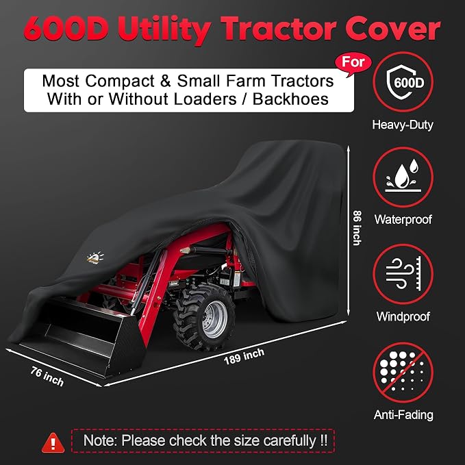 Zettum Tractor Cover - 600D Heavy Duty Waterproof Compact Utility Tractor Covers, Outdoor Windproof Small Farm Tractor Cover Fits Up to 189", Compatible with John Deere, Kubota, Mahindra and More
