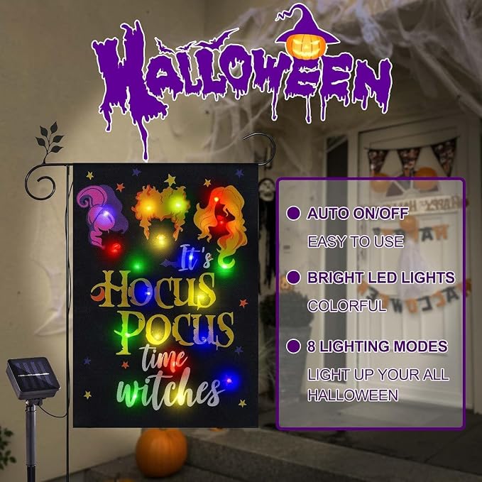 Halloween Lighted Garden Flag, Solar It's Hocus Pocus Witch Yard Flag for Outside, 8 Modes Double Sided Halloween Outdoor Decorations for Home Porch