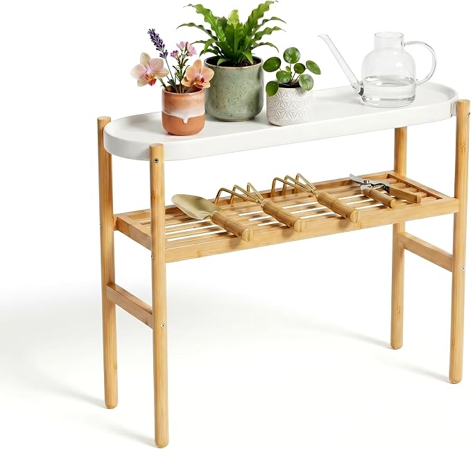 Wisuce Bamboo Shelf Indoor, 2 Tier Window Tall Stand Table for Multiple Plants…