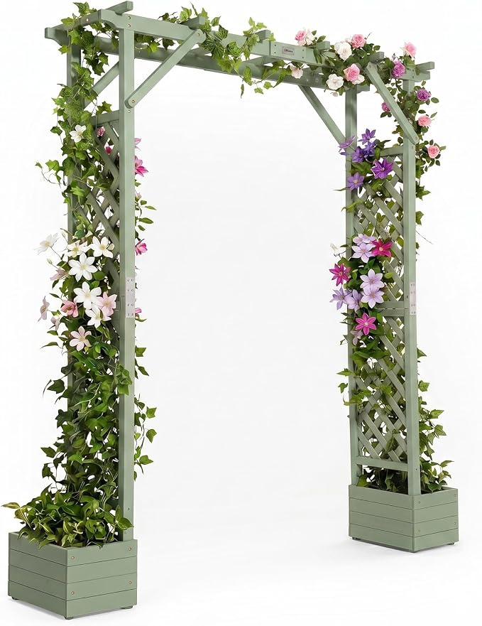 VINGLI Wooden Garden Arbor with Planter, Wedding Arch for Ceremony, Wood Garden Arbour Trellis for Plant Climbing, Pergola for Garden Backyard, Lawn, Outdoor (Olive Green)