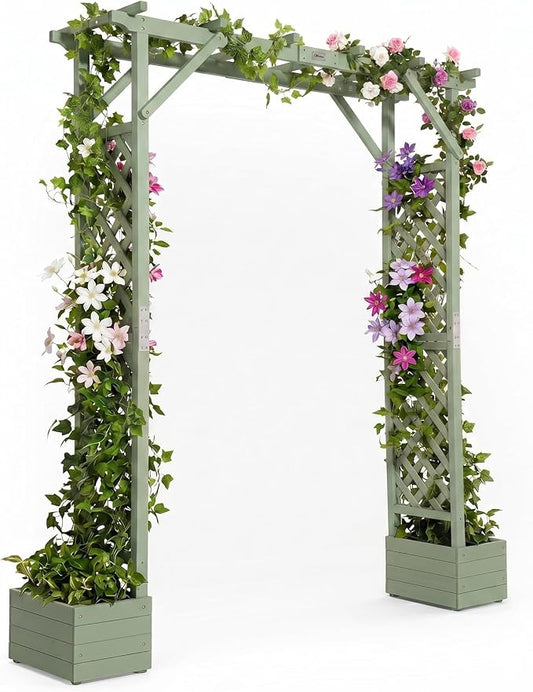 VINGLI Wooden Garden Arbor with Planter, Wedding Arch for Ceremony, Wood Garden Arbour Trellis for Plant Climbing, Pergola for Garden Backyard, Lawn, Outdoor (Olive Green)