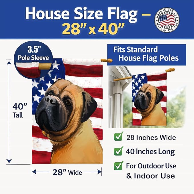 Caroline's Treasures CK6469CHF Bullmastiff Dog American Flag House Flag Large Porch Sleeve Pole Decorative Outside Yard Banner Artwork Wall Hanging, Polyester, House Size, Multicolor