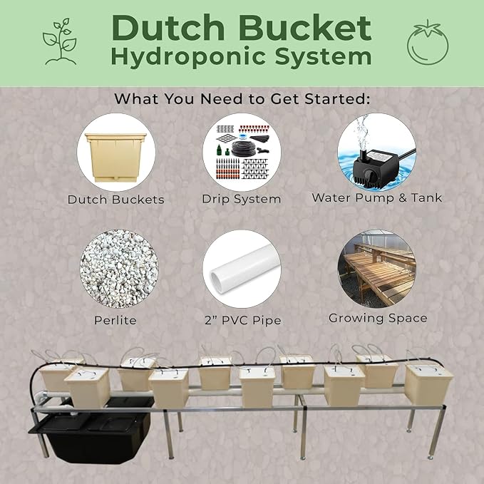 10-Pack Dutch Bucket Hydroponic System – Bato Buckets with Siphon Elbows – 11L (12" x 10" x 9") - Tan or Black (Black)