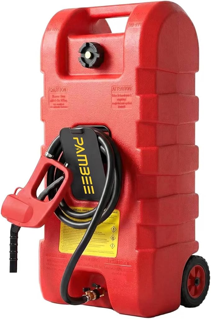 15 Gallon Gas Can, Fuel Tank Container with LE Fluid Transfer Manual Siphon Pump & 10FT Hose, Portable Diesel Gas Storage Caddy with Wheels for Car, ATV, Weeder, Boat, etc., Red