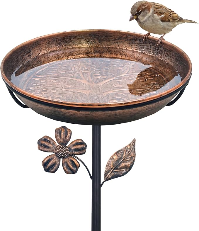 Metal Bird Bath for Outside 12" Tree of Life Birdbath Bowl with Stake | Adjustable Height Vintage Outdoor Bird Bath | Rust Resistant Easy to Clean for Garden Yard Lawn Decor Decor, Copper