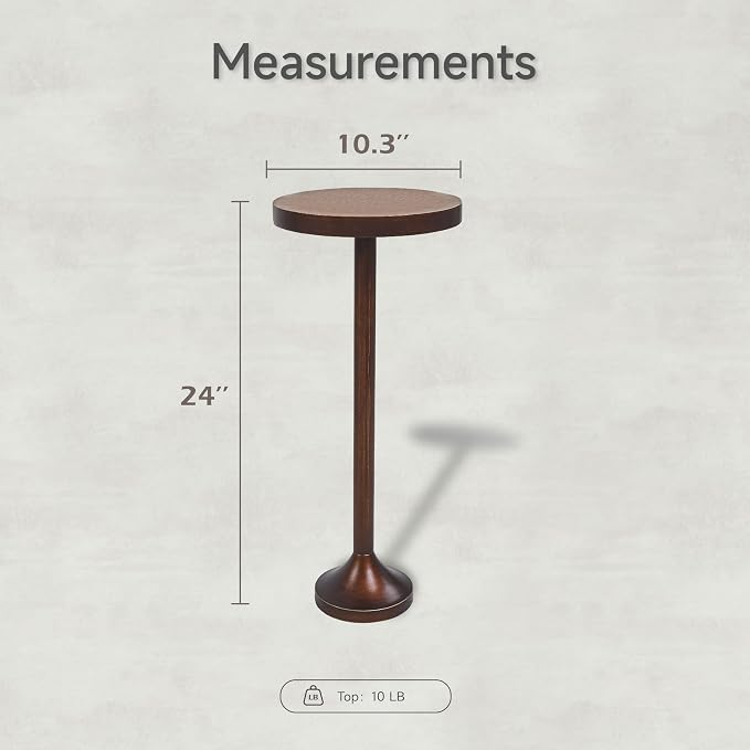 COZAYH Small Pedestal End Table, Living Room Accent Side Table - Display Stand with Wood Top & Distressed Finish Metal Base, Light Espresso