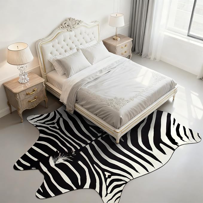 BENRON Zebra Rug, Animal Print Rug for Living Room Bedroom 6.2x7ft | Western Faux Zebra Print Rug, Animal Skin Carpets, Non-Slip Throw Rug for Home Decor, Black and White, Ivory