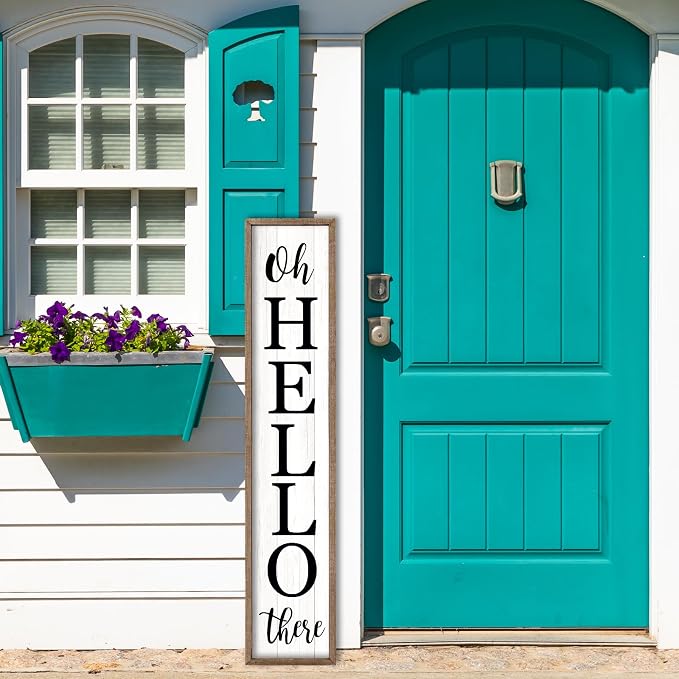Oh Hello There Outdoor Welcome Sign For Front Porch Standing 45"X9" Large Rustic Farmhouse Vertical Tall Long Wooden Framed Outside Front Door Home Wall Decoration (Wood White)