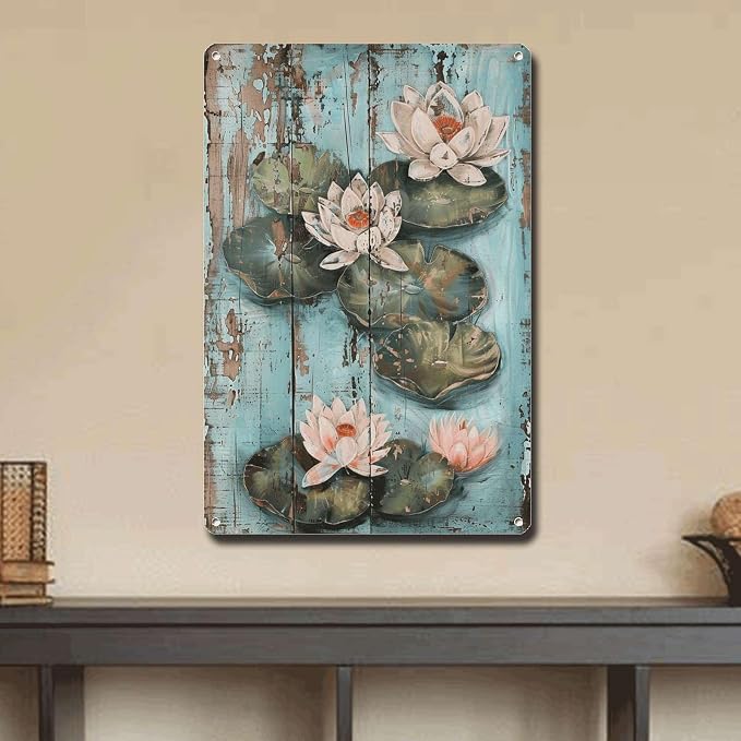 Metal Sign Tin Sign Vintage Wall Art Rustic Serenity Water Lilies Tin Sign for Easy Installation Weather Resistant Design and Vintage Funny Sign for Club 12×16 Inches