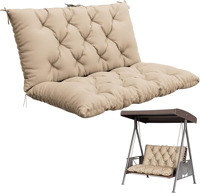 Porch Swing Cushion with Backrest,Waterproof Bench Cushion for Outdoor Furniture,2-3 Seater Replacement Thickened 5 in swing cushion,with Ties,Patio,Outdoor,Backyard and Garden (Sand,40x40 in)