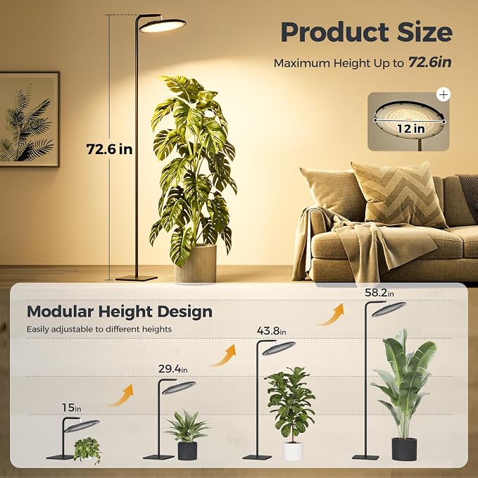 Bamworld Hanging Grow Light for Indoor Plants 12in Large Head Full Spectrum 10 Dimmable Levels LED Grow Light Long Cord Timer Garden Greenhouse Flowers Large Tall Plant Black with Upright Stand