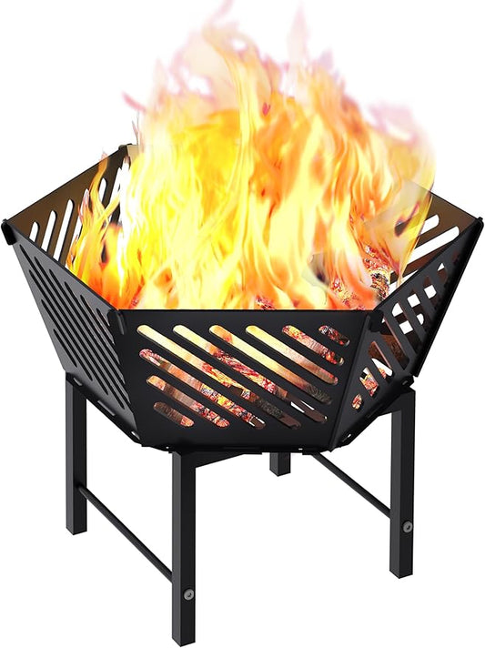 22.5 Inch Portable Hexagon Fire Pit with Travel Bag — Heightened Smokeless Design Outdoor Wood Burning Fire Pit for Camping, Backyard, Patio, Bonfire, Picnic and BBQ, Diagonal Hollow Style