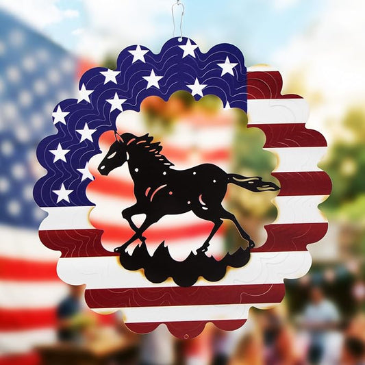 Horse Wind Spinner, 4th of July Decorations,Unique Birthday Horse Gifts for Women Men Mom, Metal Yard Art with American Flag, Patriotic Outdoor Decor for Garden, Porch or Patio(12 Inch)