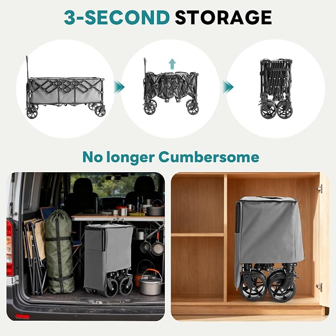 NEWBULIG Wagon Carts Foldable - 440LB Extra-Long Heavy-Duty Collapsible Wagon with All-Terrain Wheels, Portable Storage Shopping Cart for Groceries, Camping, Sports, Beach, Garden