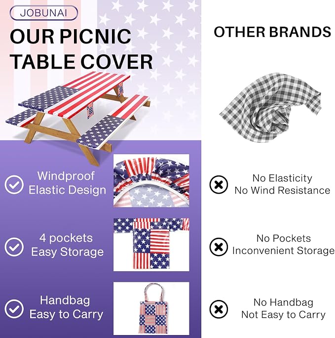 Jobunai Picnic Table Cover with Bench Covers Fitted Elastic Non Slip Water Resistant Camping Tablecloths for 6 Foot Rectangular Tables Travel Trailer Gadgets Summer Garden Supplies Gifts for Couples