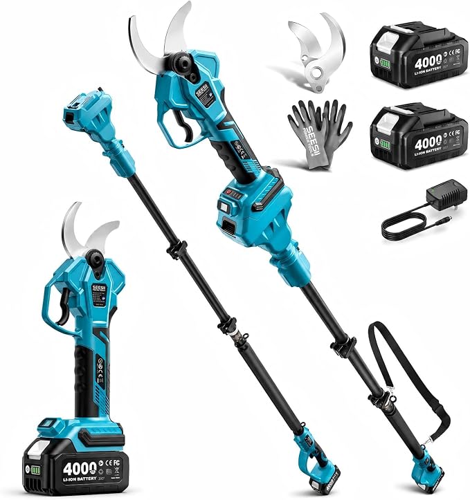 SEESII 2-in-1 Pole Pruning Shears 1.6'' Cut, 20V Electric Cordless Pole Pruner With 4.9-9 ft Telescopic Reach, LCD Display, 2 x 4.0Ah Batteries, Brushless Motor, SK5 Blade for Garden Tree Trimming