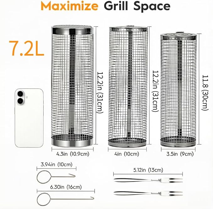 3 Pcs Rolling Grill Baskets for Outdoor Grill Accessories, BBQ Grilling Basket for Vegetables Shrimp Kebob, Outdoor Cooking Camping, Birthday Gifts for Men Dad Husband
